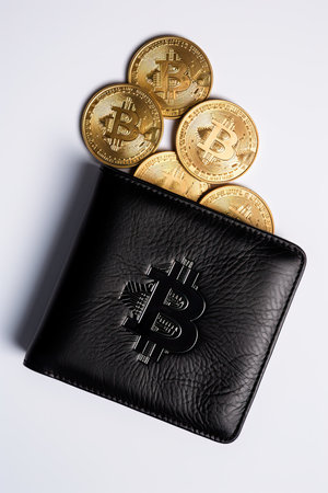 Bitcoin coins in black wallet on white background. Cryptocurrency conceptの素材