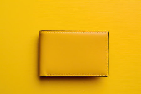 Leather wallet on a yellow background. Flat lay, top view.の素材