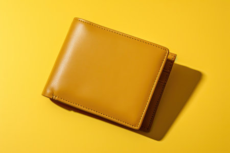 Leather wallet on a yellow background, top view, copy spaceの素材
