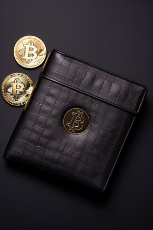 Golden bitcoins in a black wallet on a dark background. Top view.の素材