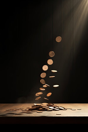 Coins falling on wooden table in dark room with spotlights.の素材