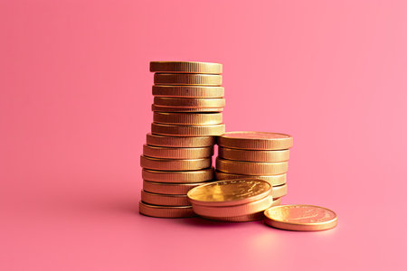 Stacks of gold coins on a pink background. 3d illustrationの素材