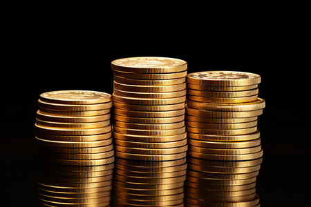 Stacks of gold coins on dark background. Shallow DOFの素材