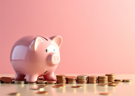 Piggy bank and coin stacks on pink background with copy spaceの素材