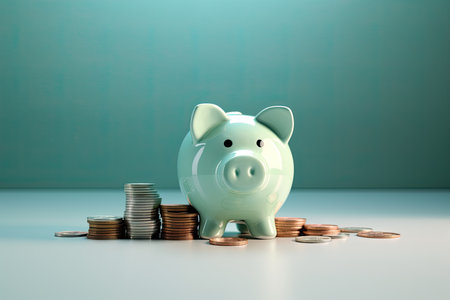Piggy bank with coins on blue background, saving money conceptの素材