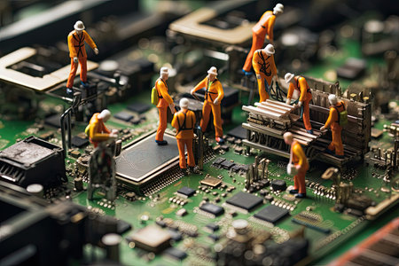 Miniature people : Engineer team working on microcircuit computer.の素材