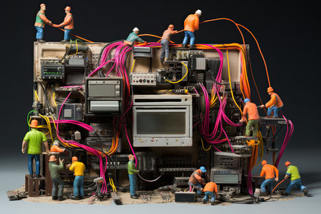 miniature people repairing old computer with network cables, technology concept.の素材