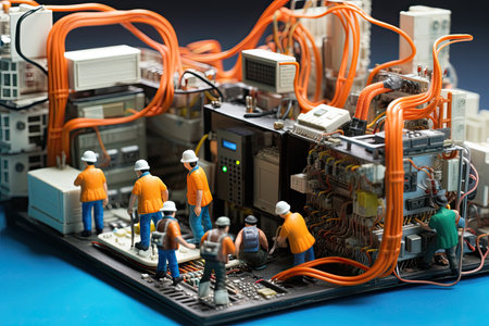 Miniature people : Repair and maintenance of a computer. Image use for backgroundの素材