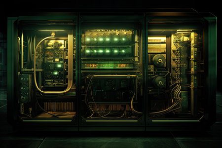 Interior of a server room at night with lights and wires.の素材