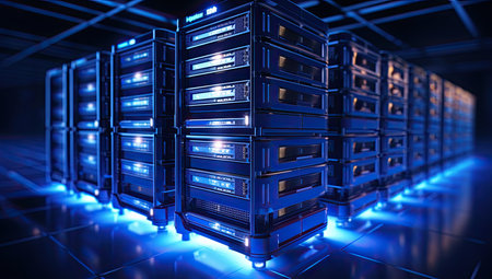 Server racks in data center. Backup, hosting, mainframe, farm and computer rack with storage information. 3d renderの素材