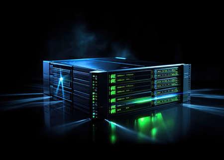 server data center in dark room with green lights - 3d renderingの素材