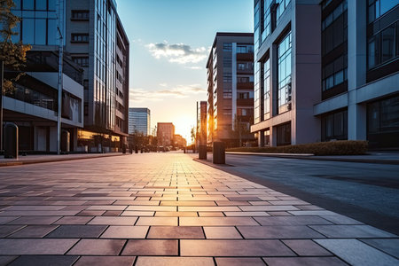 empty pavement and modern office buildings in city at sunset. perspective viewの素材