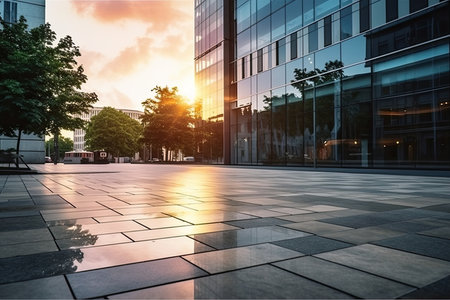 Empty square floor in front of modern office building. Perspective view.の素材