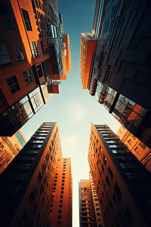Looking up at high-rise buildings in New York City. USA.の素材