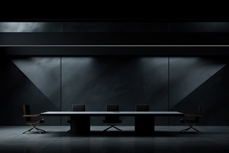 Modern conference room interior with black walls, concrete floor and black table with chairs. 3d renderingの素材