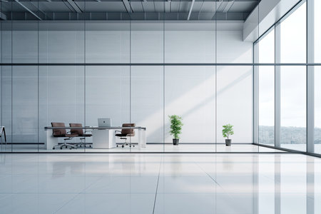 Interior of modern office with white walls, tiled floor, rows of white computer tables and glass doors. 3d renderingの素材