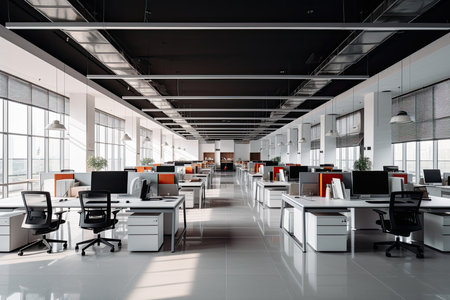 Interior of modern open space office with white walls, tiled floor and rows of computer tables with orange chairs. 3d renderingの素材