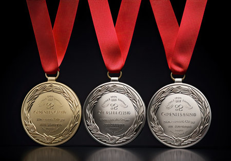 Gold, silver and bronze medals with red ribbons on black backgroundの素材