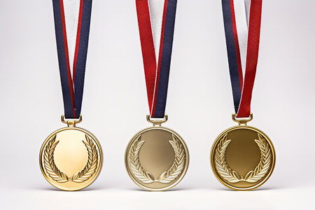 Gold, silver and bronze medals with ribbons on a white backgroundの素材