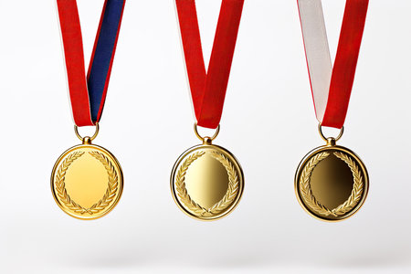Gold, silver and bronze medals with ribbons on a white backgroundの素材