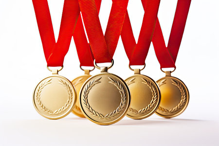 Gold, silver and bronze medals with red ribbons on white backgroundの素材