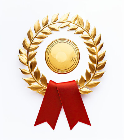 Gold medal with red ribbon isolated on white background. 3d illustrationの素材