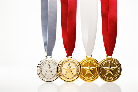 Gold, silver and bronze medals on a white background with reflection.の素材