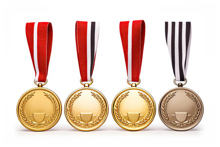 Gold, silver and bronze medals on a white background. 3d renderingの素材