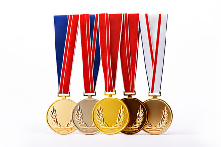 Gold, silver and bronze medals with ribbons isolated on white backgroundの素材