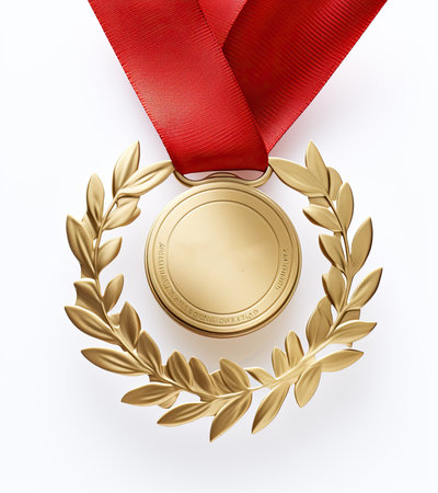Gold medal with red ribbon isolated on white background. Vector illustration.の素材
