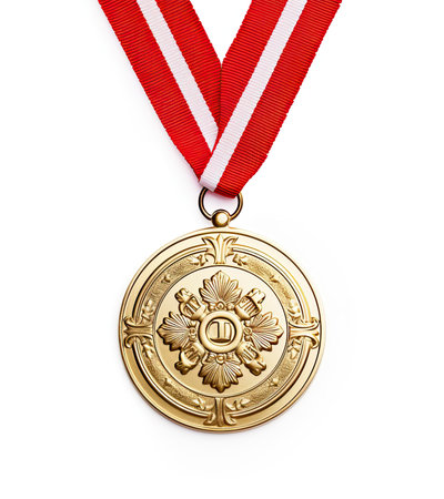 Gold medal with red ribbon isolated on white background. 3d illustrationの素材