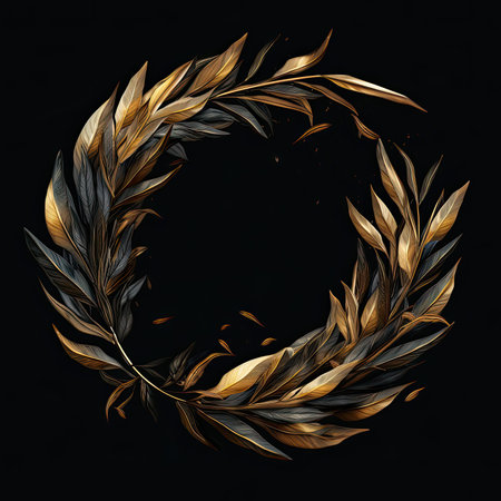 Golden laurel wreath on black background. Watercolor illustration.の素材