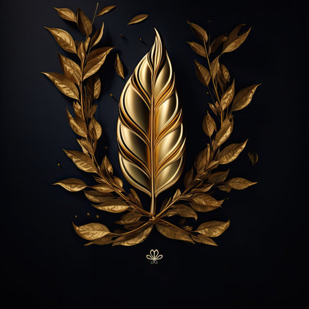 Golden feather with laurel wreath on black background. Vector illustrationの素材