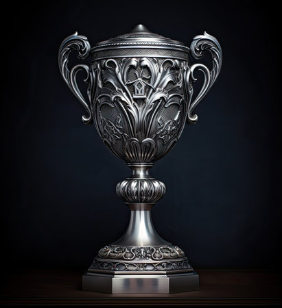 Silver trophy on a dark background. 3d rendering. Computer digital drawing.の素材