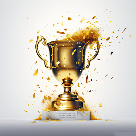 Realistic golden trophy cup with splashes of water. Vector illustrationの素材
