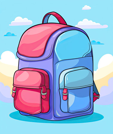 Illustration of a Colorful School Backpack on a Blue Sky Backgroundの素材
