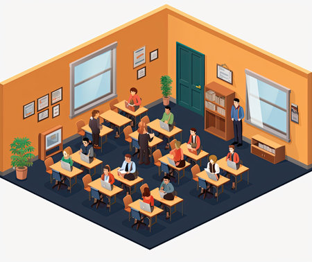 Classroom isometric composition with teacher and students in classroom vector illustrationの素材