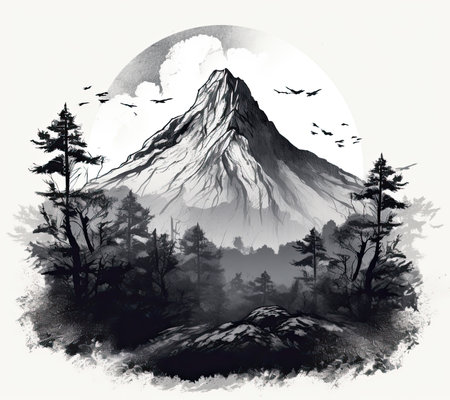 Mountains in the forest. Black and white illustration. Watercolor painting.の素材