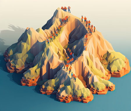 Mountain landscape with people on top of the mountain, 3d illustrationの素材