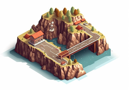 Isometric view of a small town in the middle of the mountains.の素材