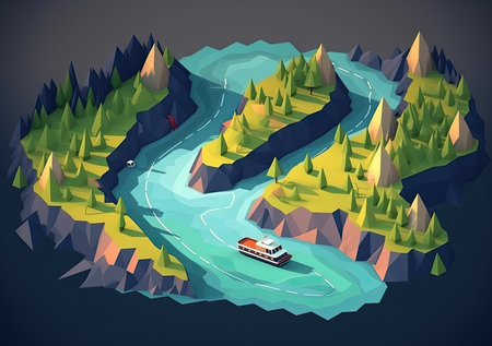Mountain landscape with river and boat. Vector illustration in cartoon styleの素材