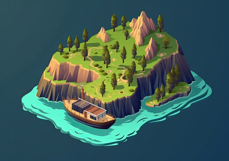 Isometric island with a ship on the water. 3d renderingの素材
