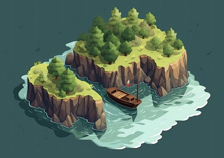Isometric island with a boat and a tree. Vector illustration.の素材
