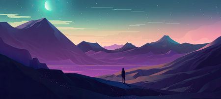 Fantasy landscape with mountains, moon, starry sky. Vector illustrationの素材