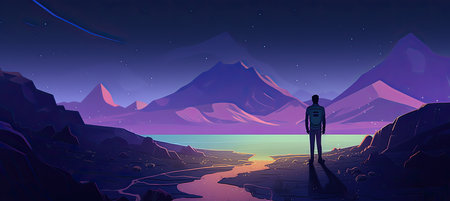 Fantasy landscape with man looking at mountains and river. Vector illustrationの素材