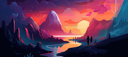 Fantasy landscape with lake and mountains. Vector illustration in flat styleの素材