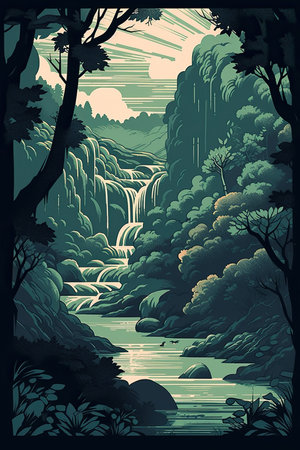 Waterfall in the forest. Vector illustration in a flat style.の素材