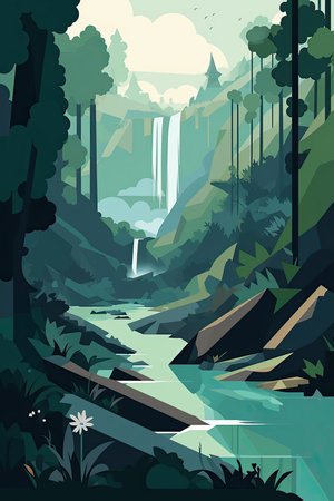 Waterfall in the forest. Vector illustration in flat cartoon style.の素材
