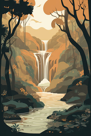 Waterfall in the forest. Vector illustration in a flat style.の素材