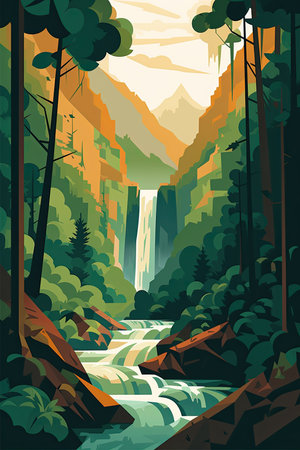 Landscape with a waterfall in the mountains. Vector illustration in a flat styleの素材